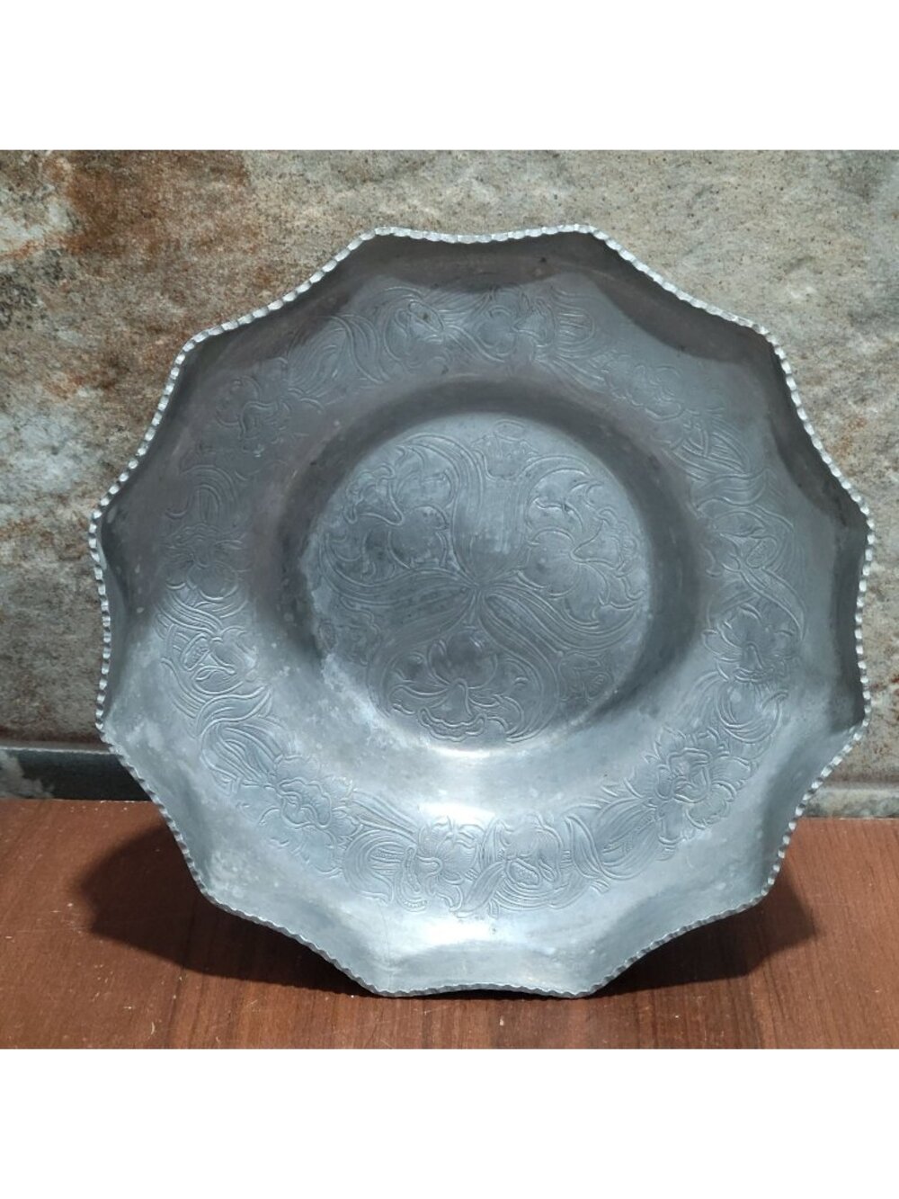 Vintage Edward Don & Company Aluminum Bowl Scalloped Rim Embossed Floral